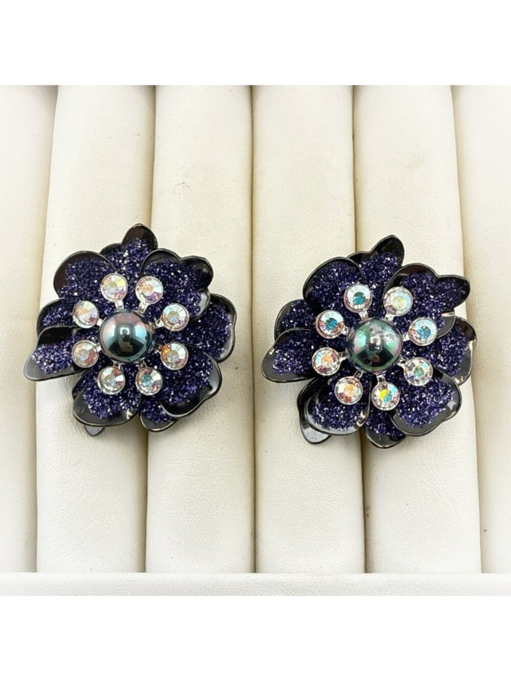 Vintage Joan Rivers Earrings Purple Flower Floral Clip On Rhinestone Crystal
